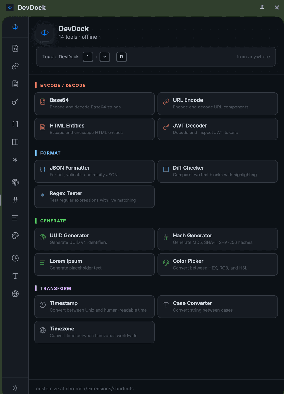 DevDock extension showing all developer tools in a grid layout