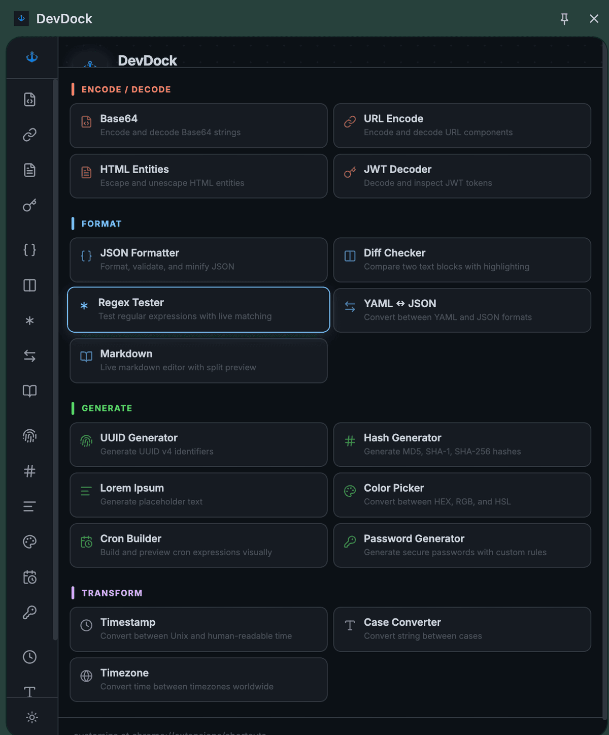 DevDock extension showing all 19 tools organized by category